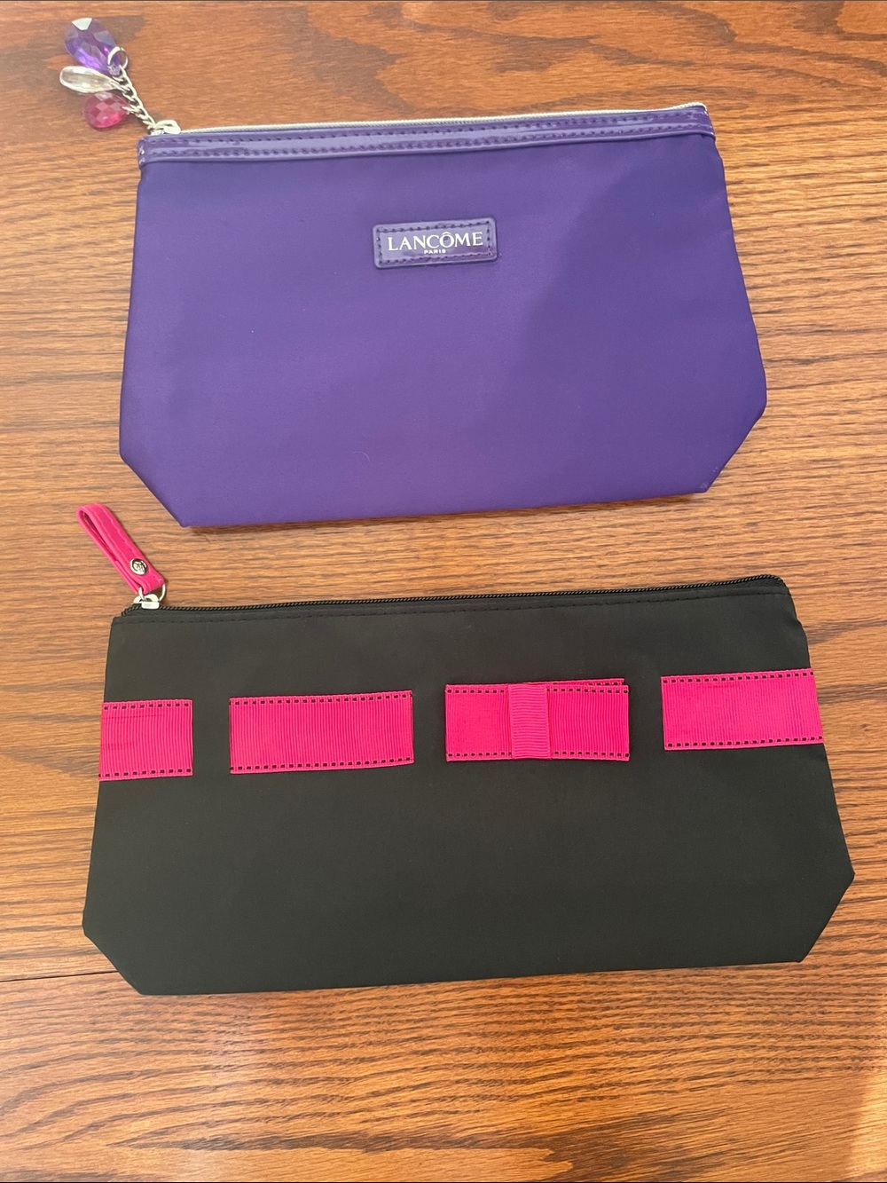 NWOT Lancôme Purple with Gemstone Zipper & Black with Pink Bow Makeup Bag Set